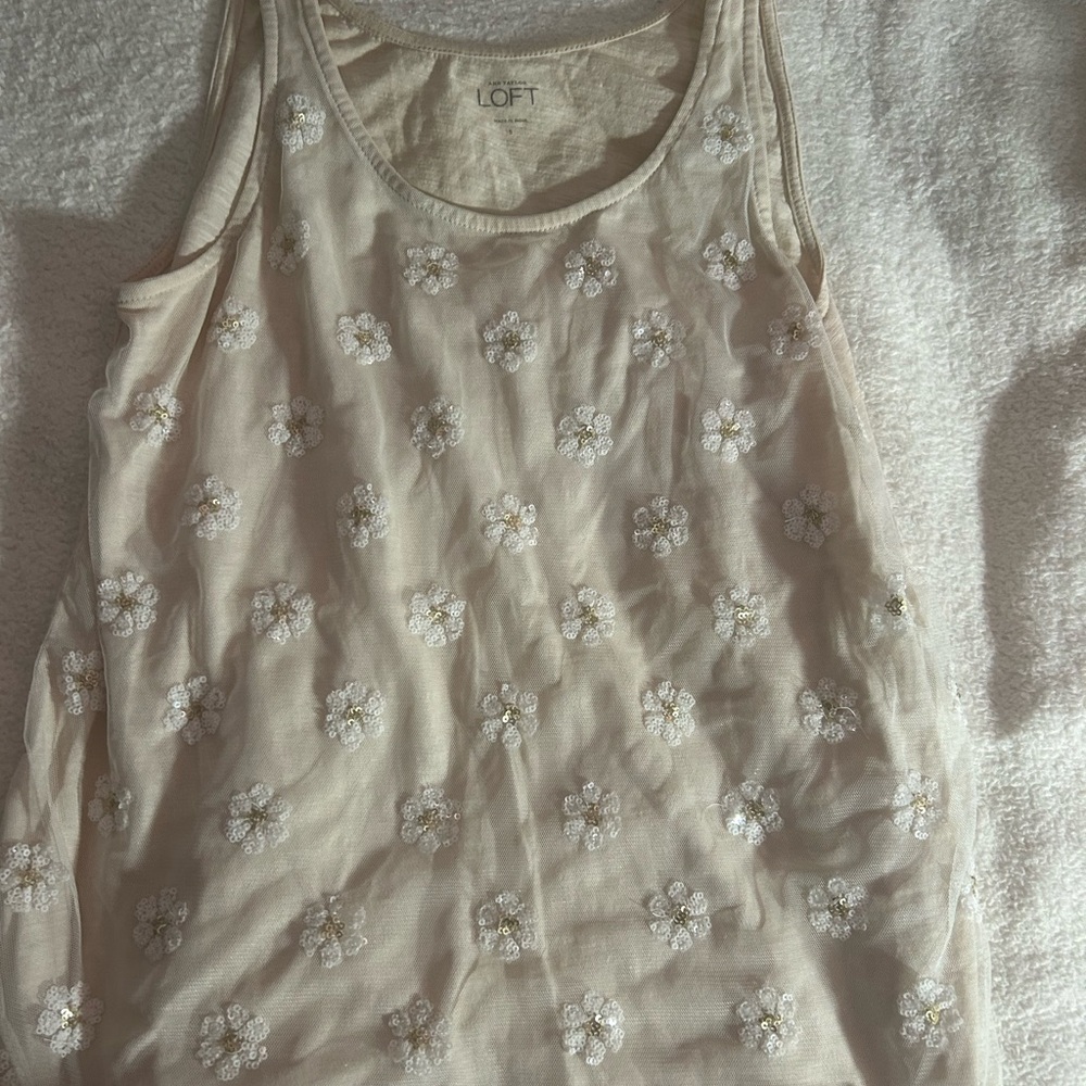 LOFT Ivory Floral Embroidered Tank Top